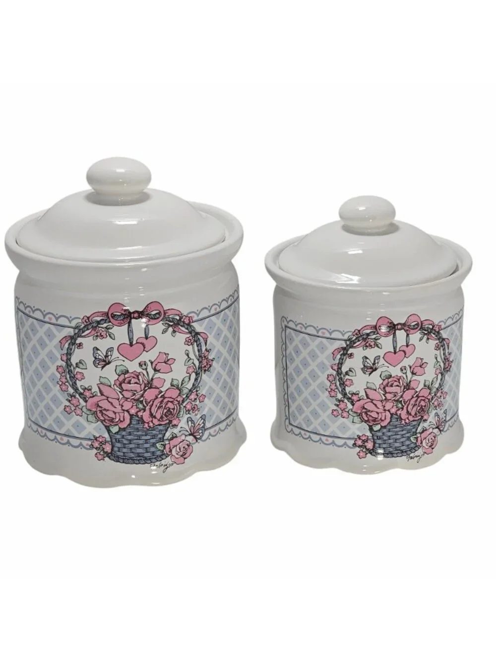 1980s Canister Set /2 Veranda Hearts Roses Basket Cottagecore vtg kitchen storag